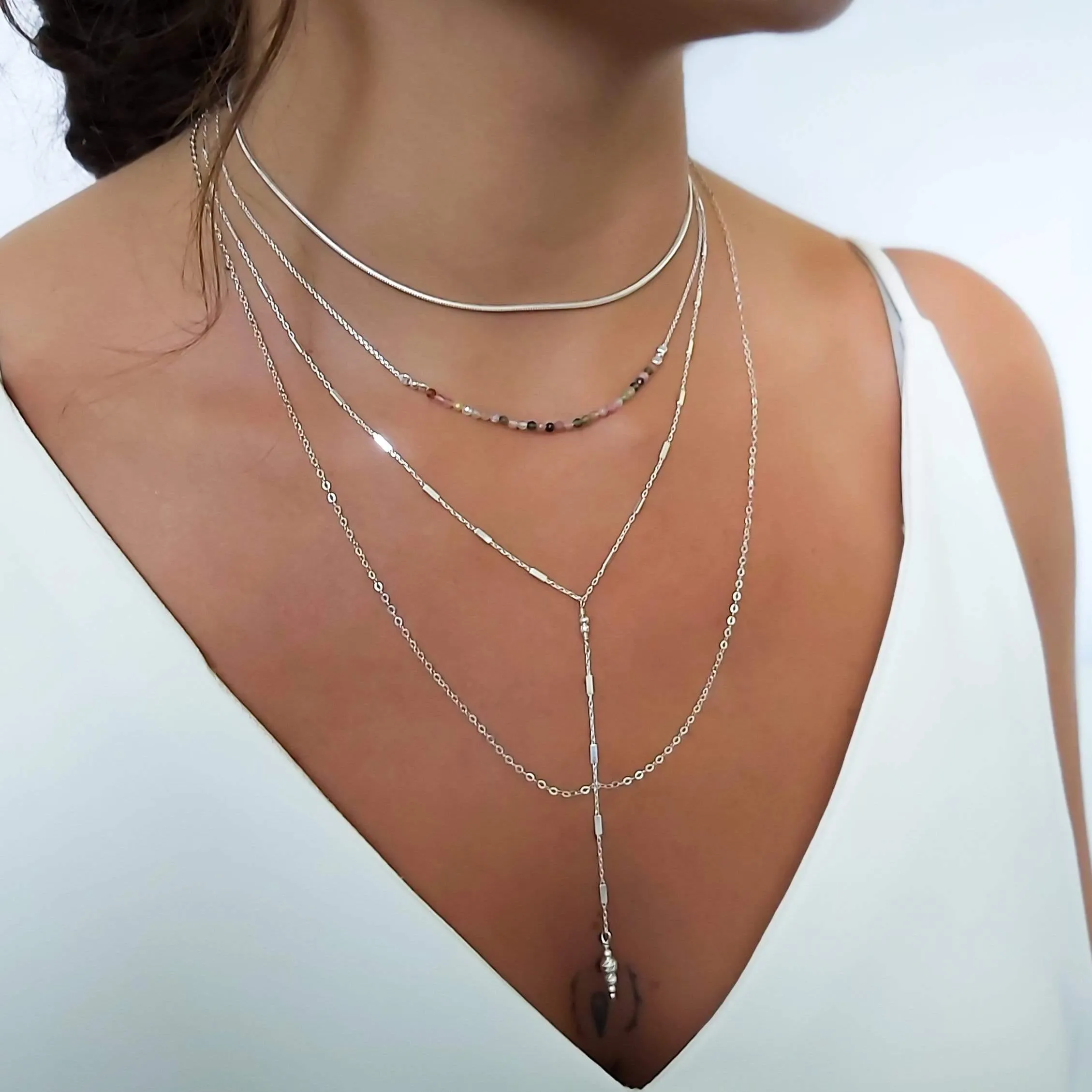 Dainty Sterling Silver Lariat Y Necklace Chain with Tiny Tubes