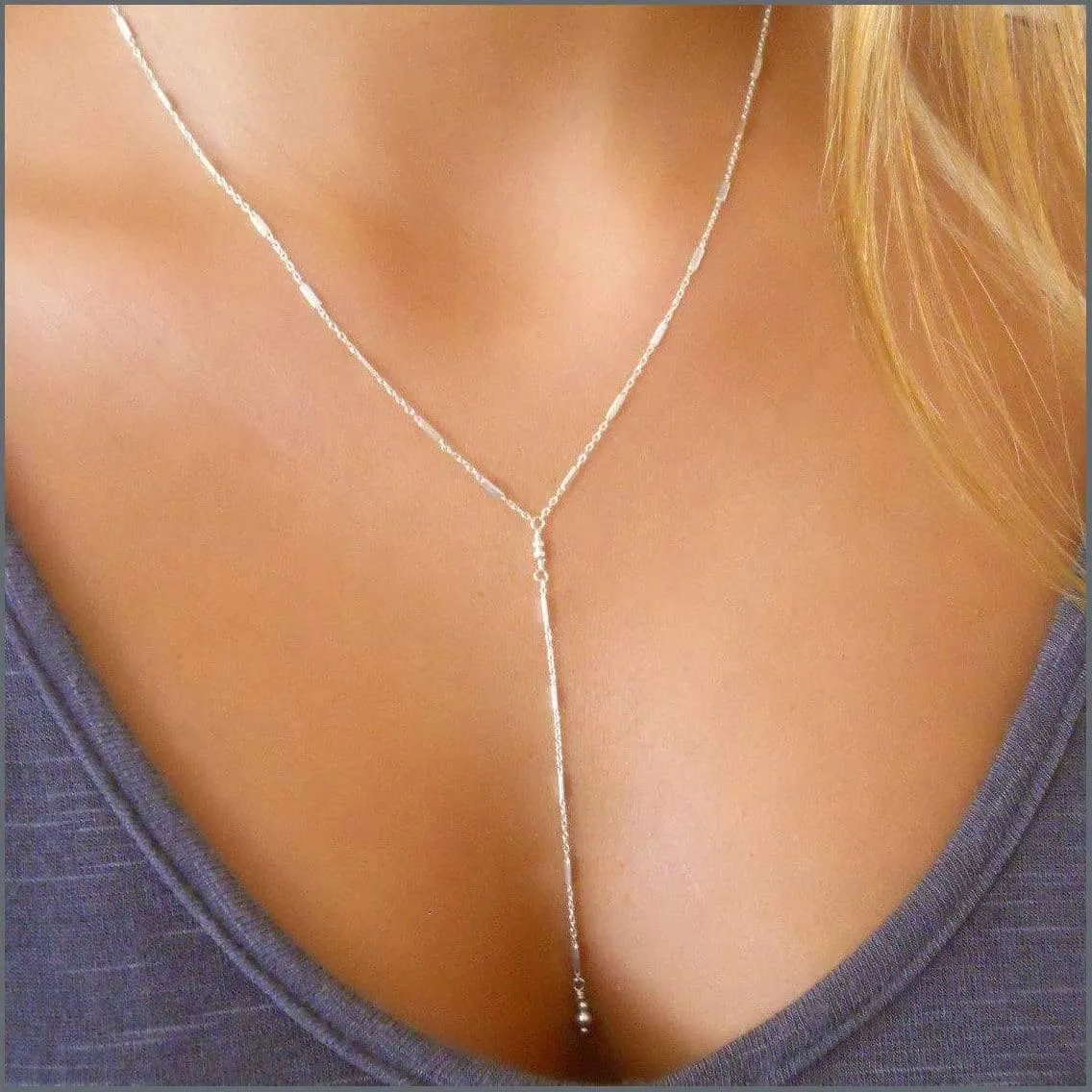 Dainty Sterling Silver Lariat Y Necklace Chain with Tiny Tubes