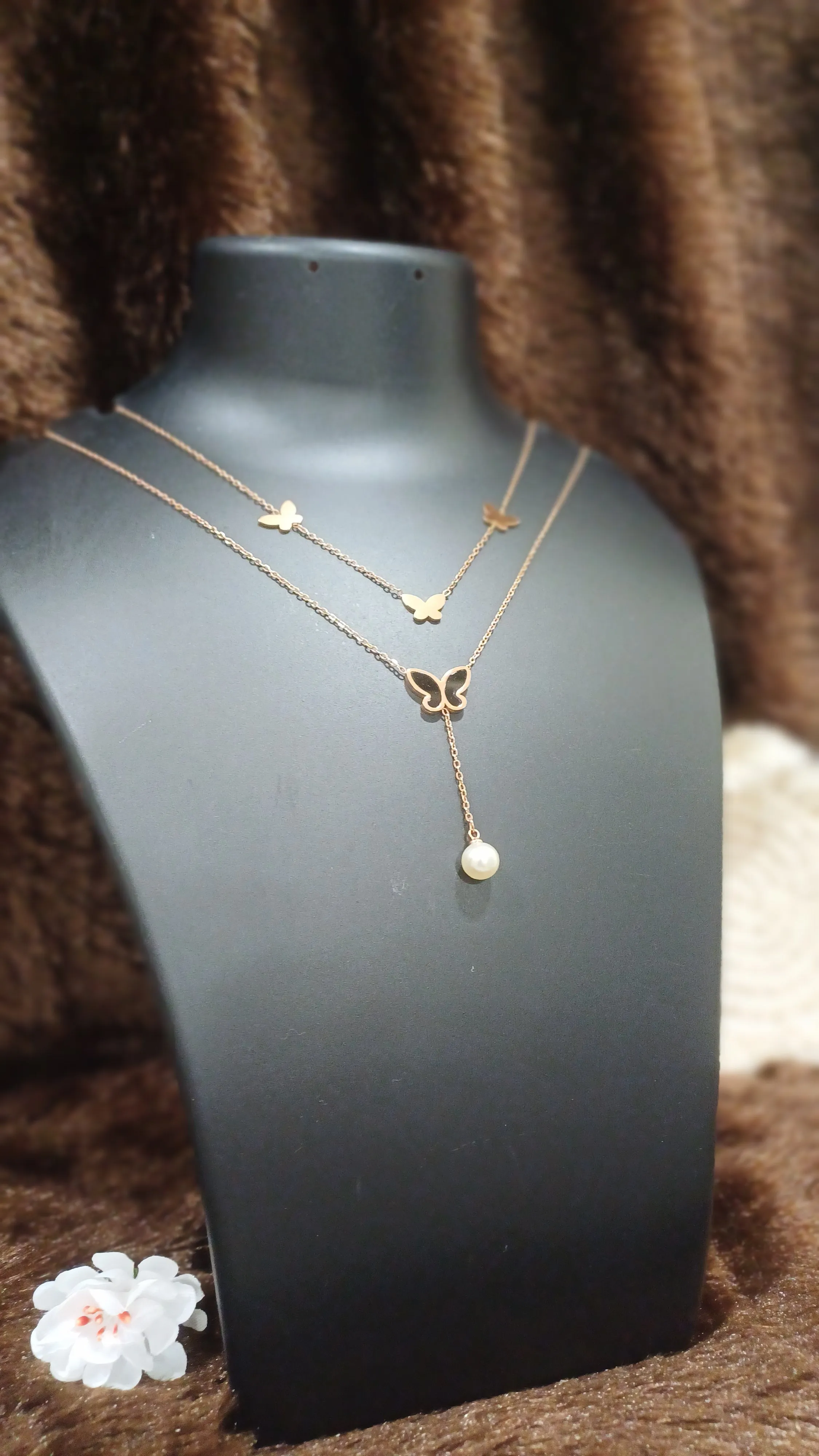 Double chained necklace with butterflies and pearl_ anti tarnish _ statement chain