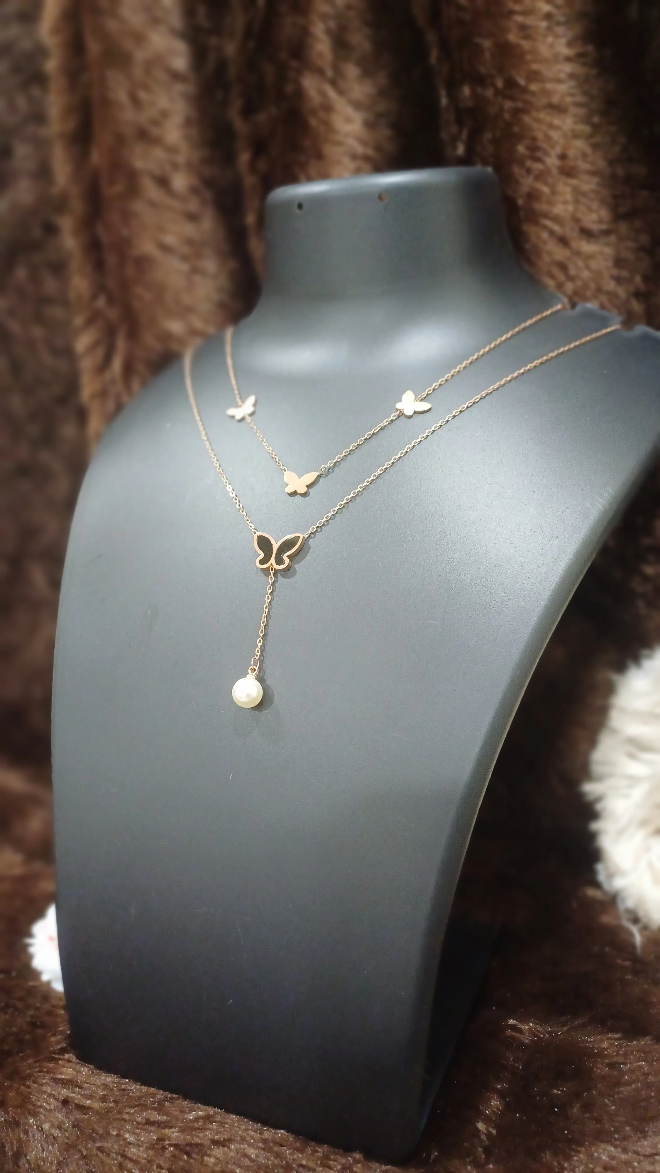 Double chained necklace with butterflies and pearl_ anti tarnish _ statement chain