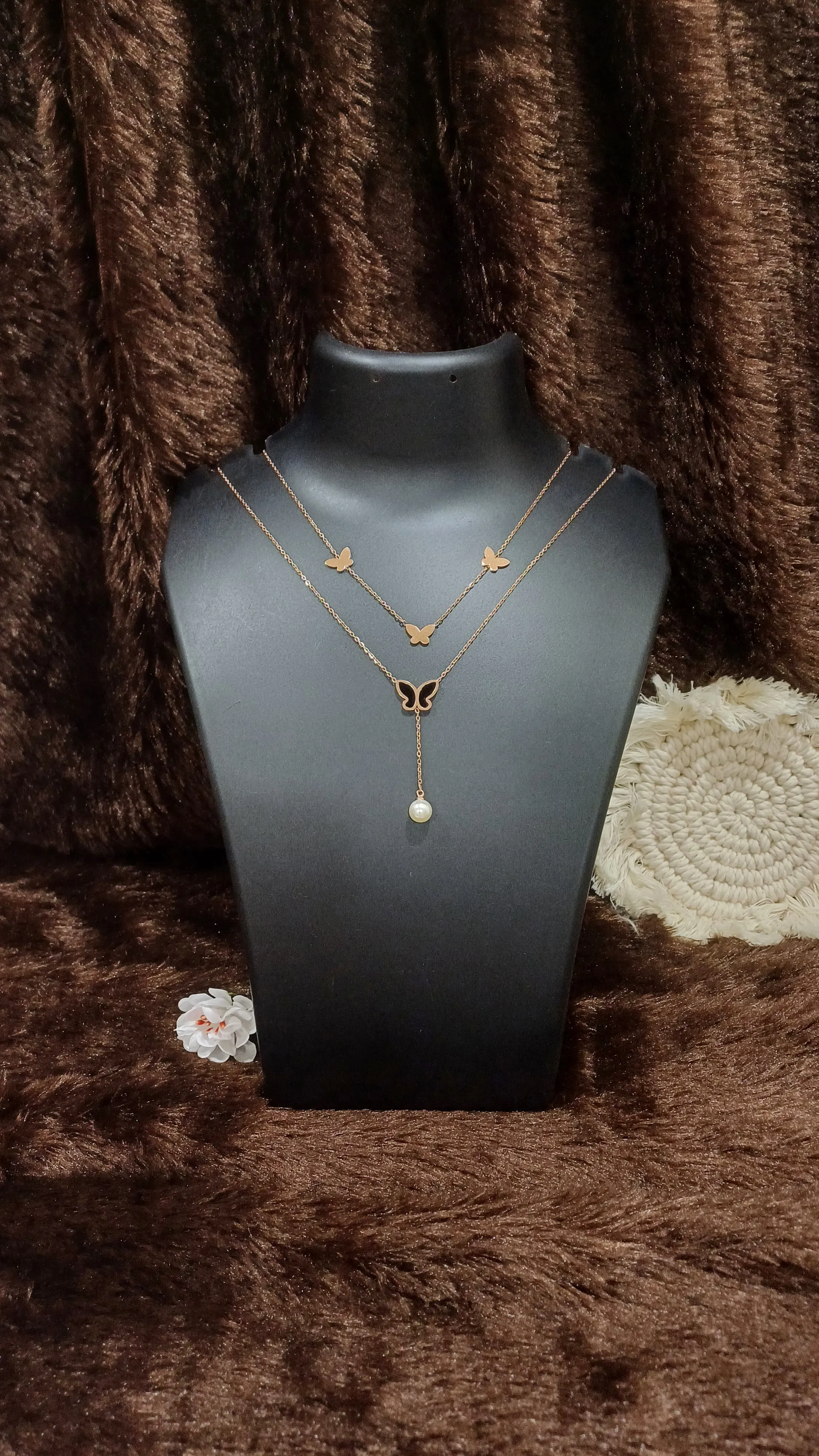 Double chained necklace with butterflies and pearl_ anti tarnish _ statement chain