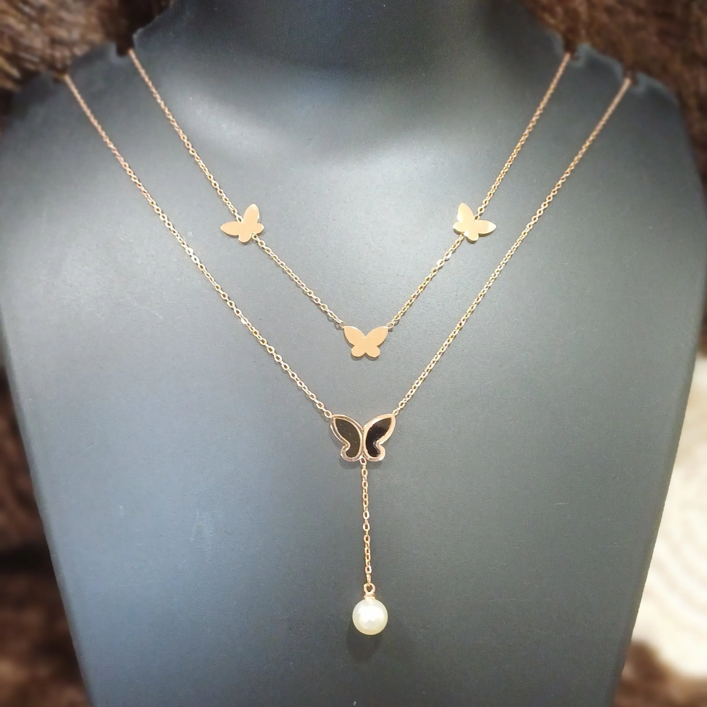 Double chained necklace with butterflies and pearl_ anti tarnish _ statement chain