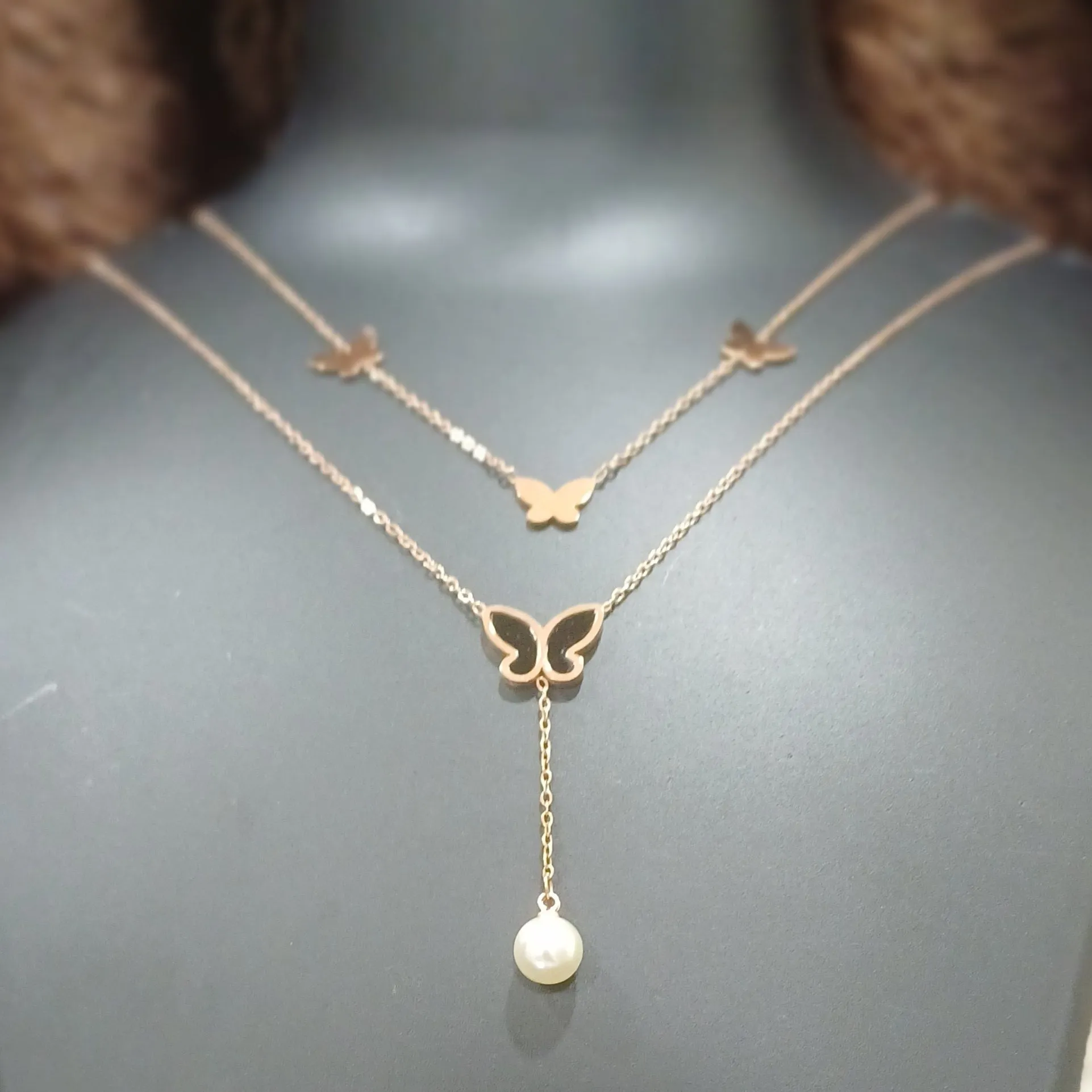 Double chained necklace with butterflies and pearl_ anti tarnish _ statement chain