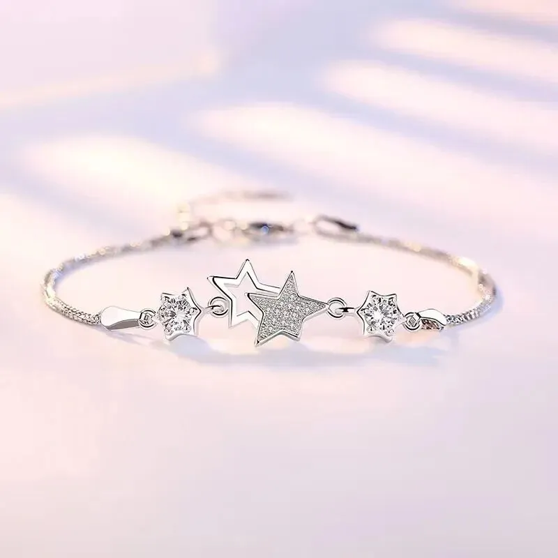 Elegant Crystal Stars 925 Sterling Silver Charm Bracelets for Women Jewelry Fine Accessories