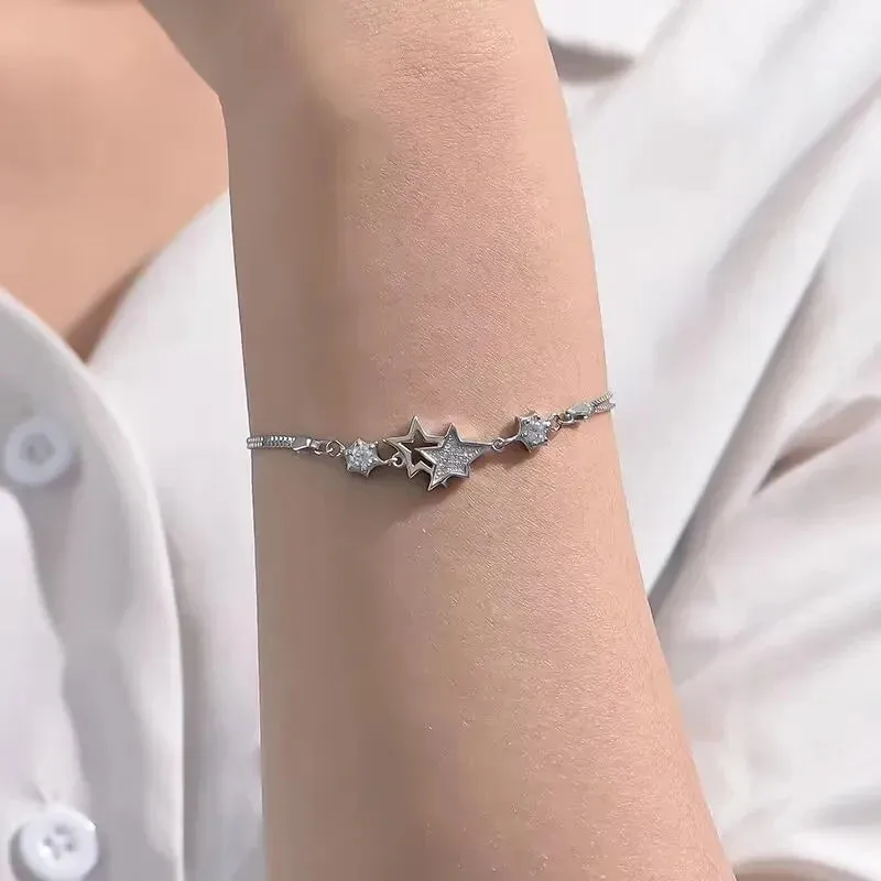 Elegant Crystal Stars 925 Sterling Silver Charm Bracelets for Women Jewelry Fine Accessories