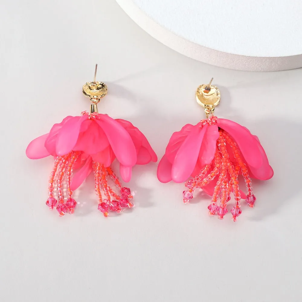 Elegant Romantic Acrylic Flower Petal Charm Beaded Tassel Big Dangle Earrings For Women