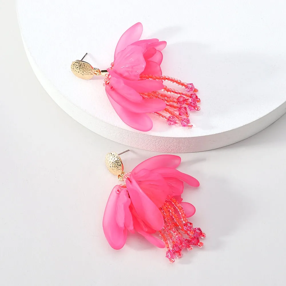 Elegant Romantic Acrylic Flower Petal Charm Beaded Tassel Big Dangle Earrings For Women