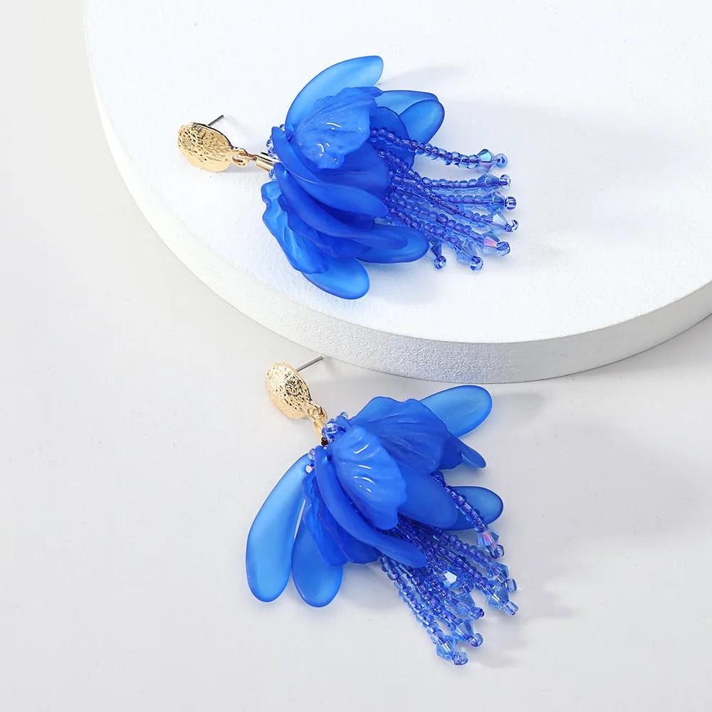Elegant Romantic Acrylic Flower Petal Charm Beaded Tassel Big Dangle Earrings For Women