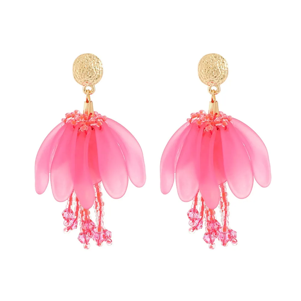 Elegant Romantic Acrylic Flower Petal Charm Beaded Tassel Big Dangle Earrings For Women