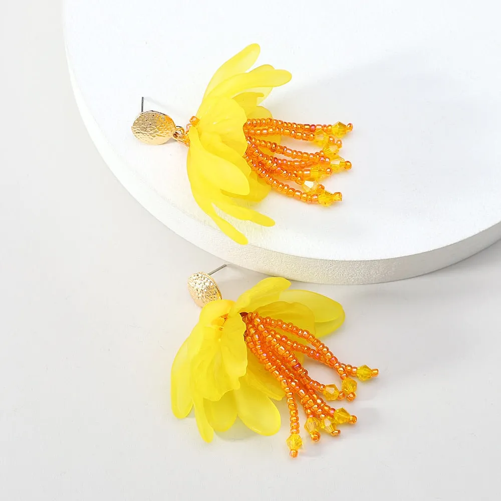 Elegant Romantic Acrylic Flower Petal Charm Beaded Tassel Big Dangle Earrings For Women