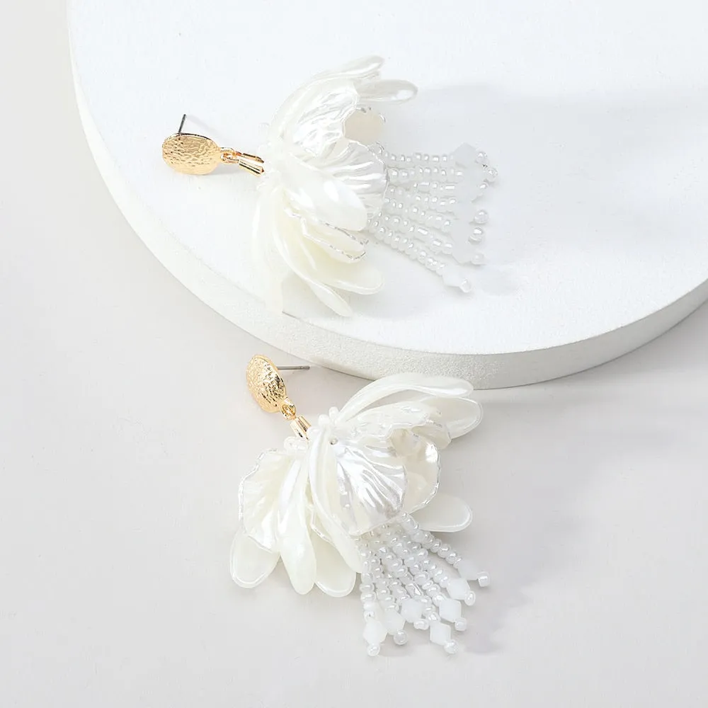 Elegant Romantic Acrylic Flower Petal Charm Beaded Tassel Big Dangle Earrings For Women