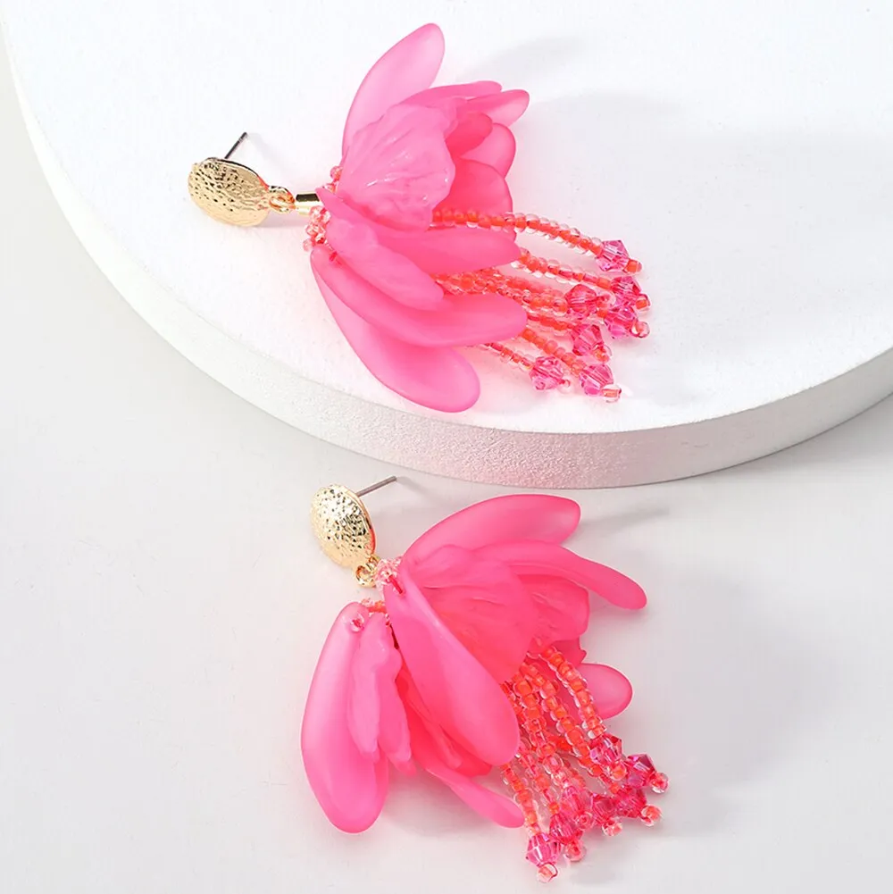 Elegant Romantic Acrylic Flower Petal Charm Beaded Tassel Big Dangle Earrings For Women