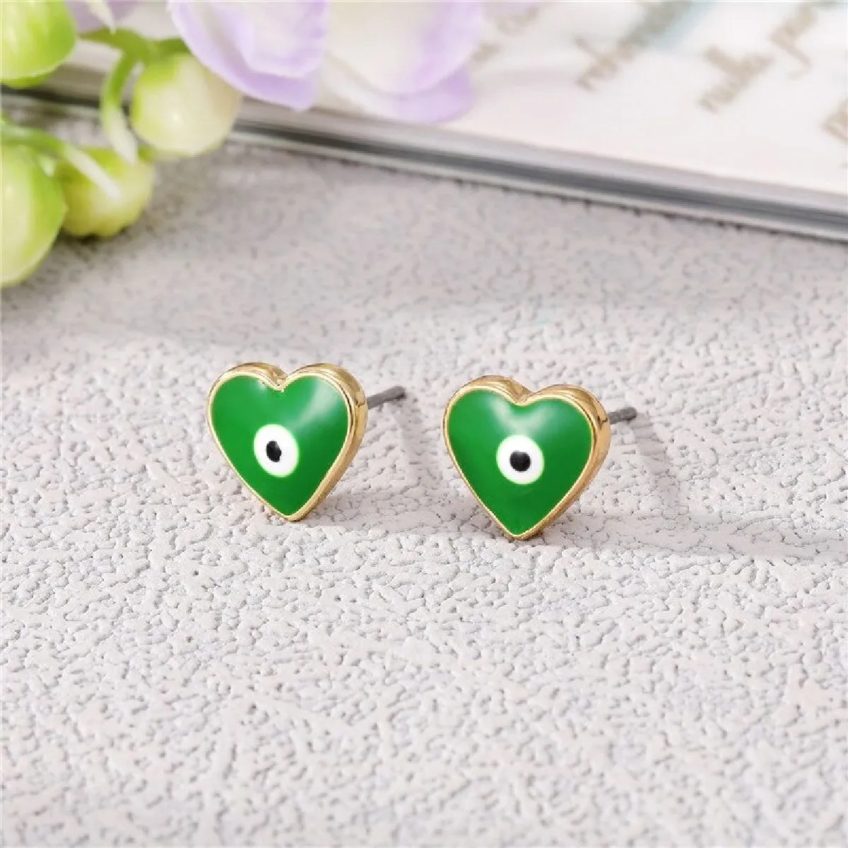 Evil Eye Tiny Black Heart Gold Stud Earring Pair Brass For Women
