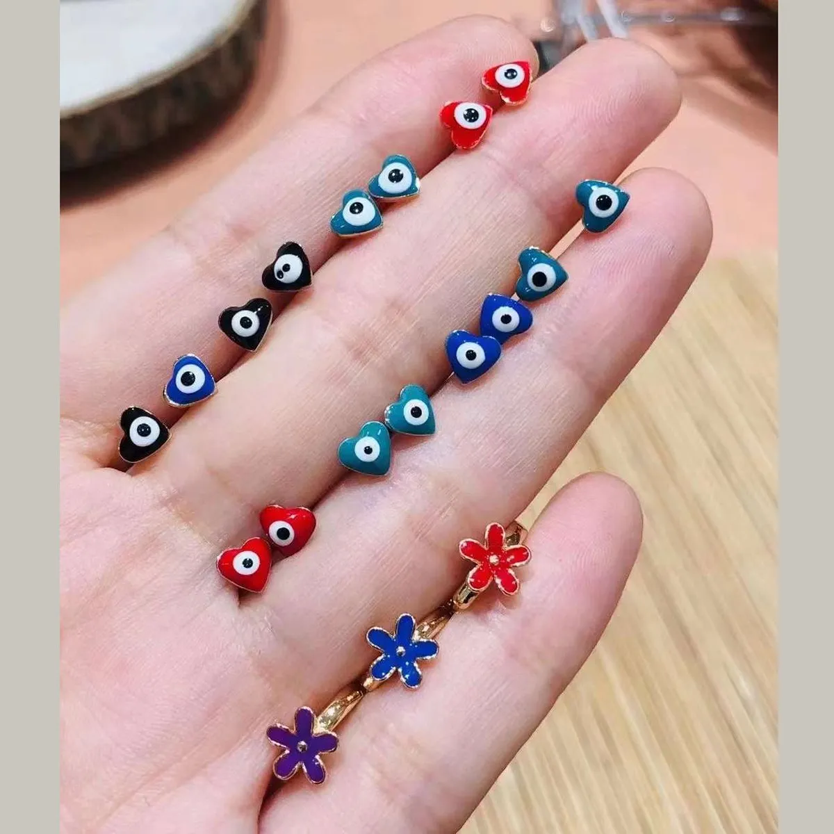 Evil Eye Tiny Black Heart Gold Stud Earring Pair Brass For Women