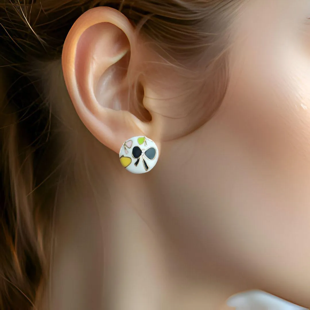 Floral White Stud Earrings with Black Butterfly Motifs