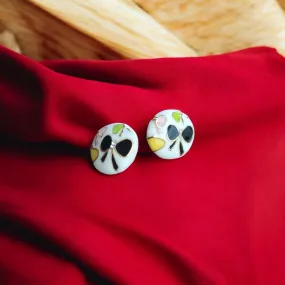 Floral White Stud Earrings with Black Butterfly Motifs
