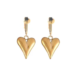 Gold 3D Heart Clip On Dangling Earrings