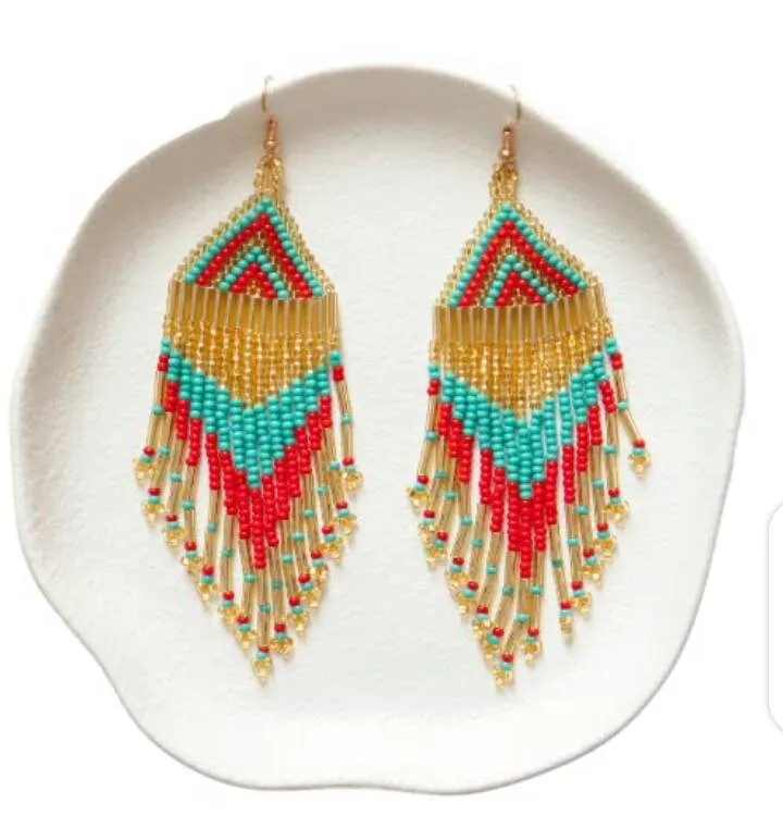 Gold, red and blue beaded handmade dangling Masai masaai maasai earrings with free shipping world wide