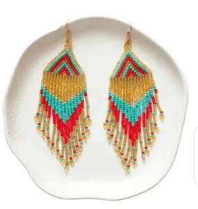 Gold, red and blue beaded handmade dangling Masai masaai maasai earrings with free shipping world wide