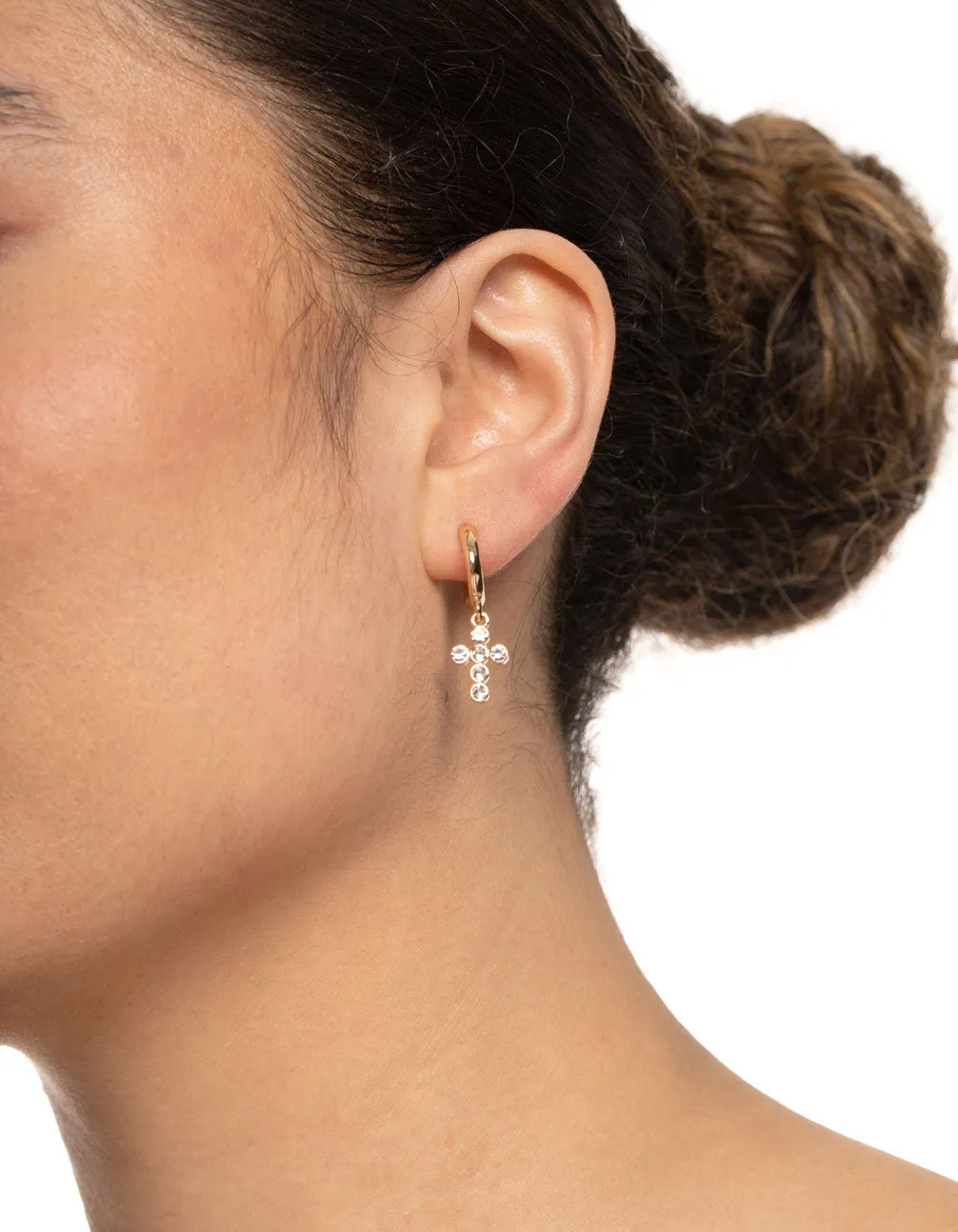 Gold Round Diamante Cross Huggie Earrings