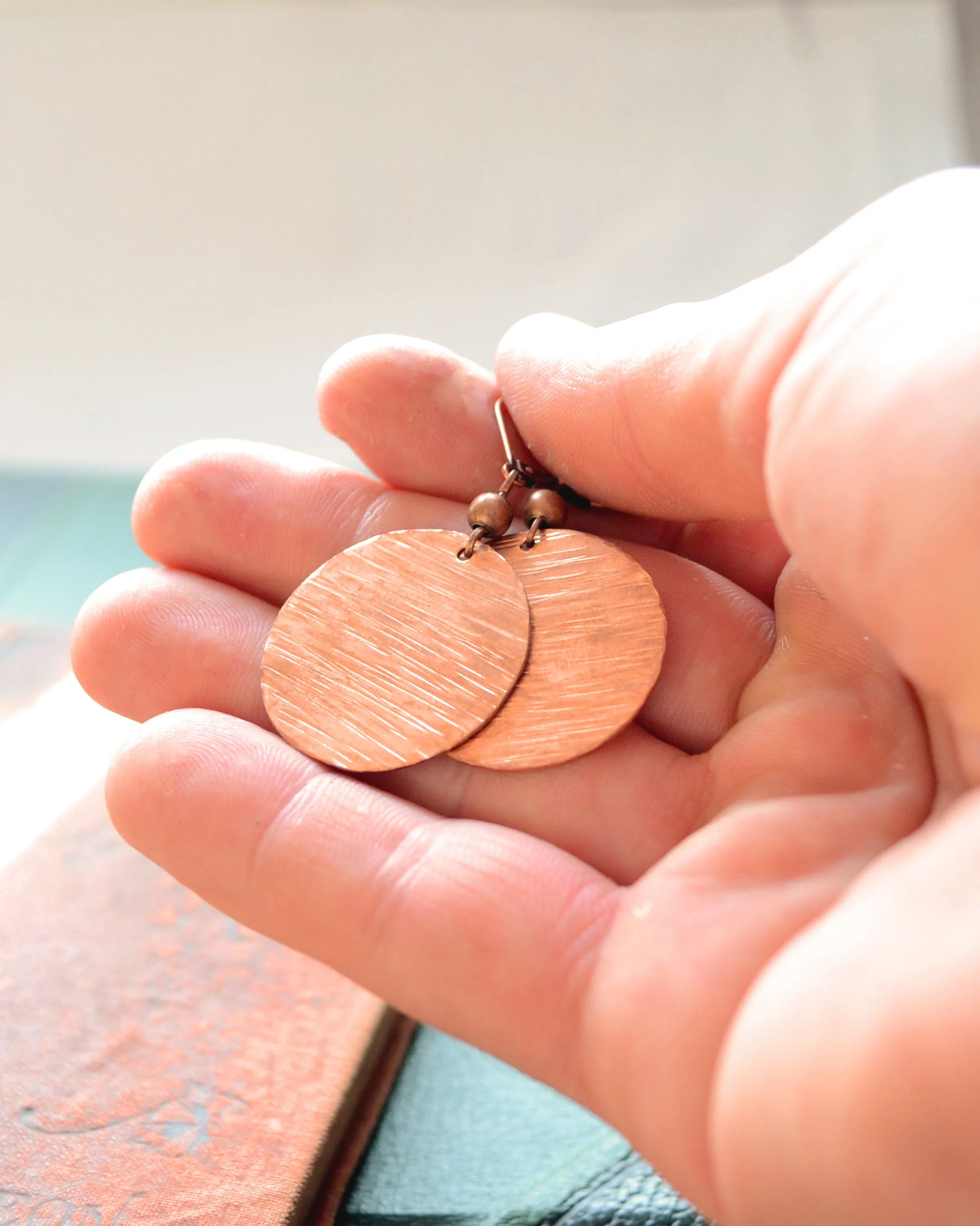Hammered antique copper round earrings, sunset earrings, romantic  gift, copper anniversary