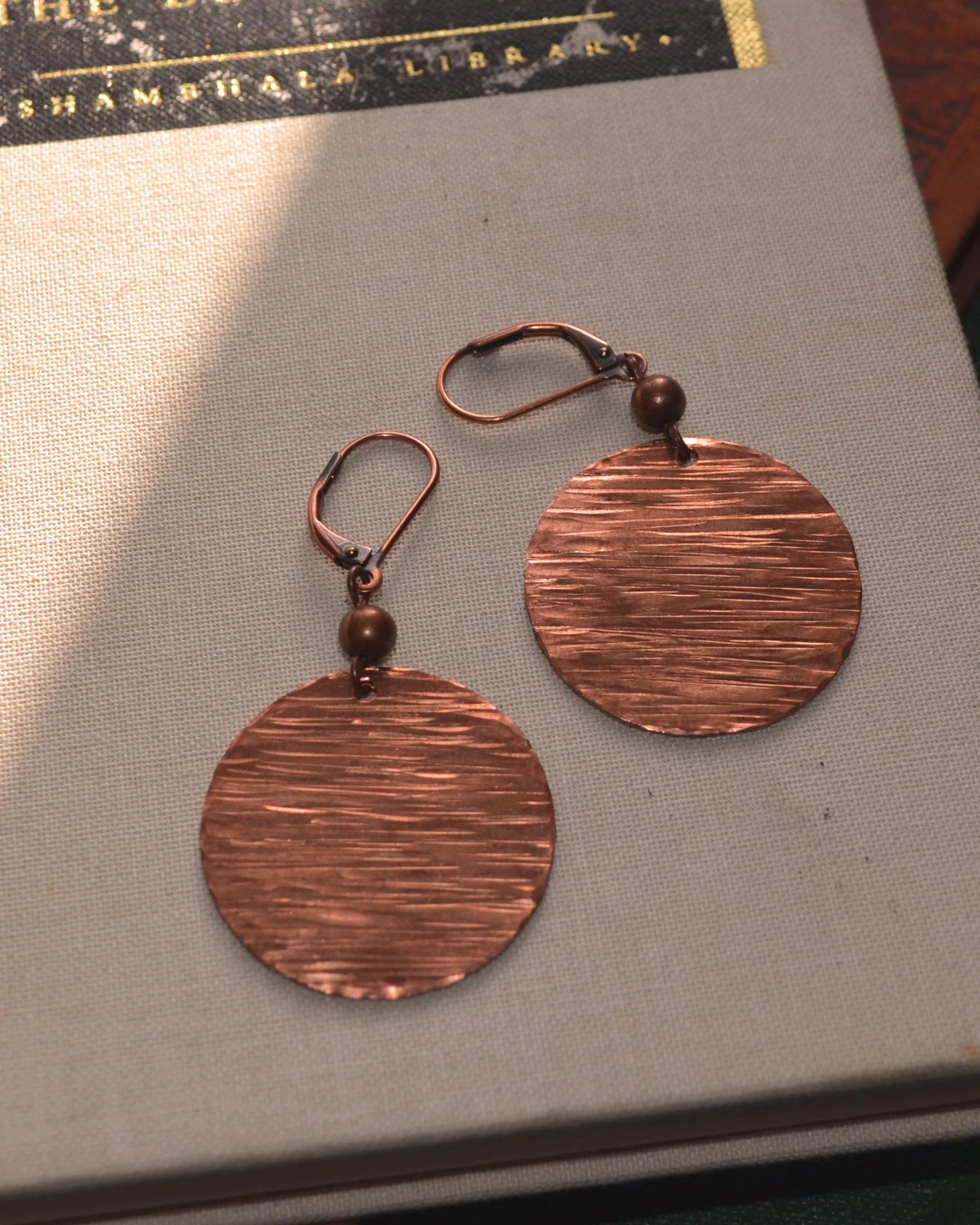 Hammered antique copper round earrings, sunset earrings, romantic  gift, copper anniversary