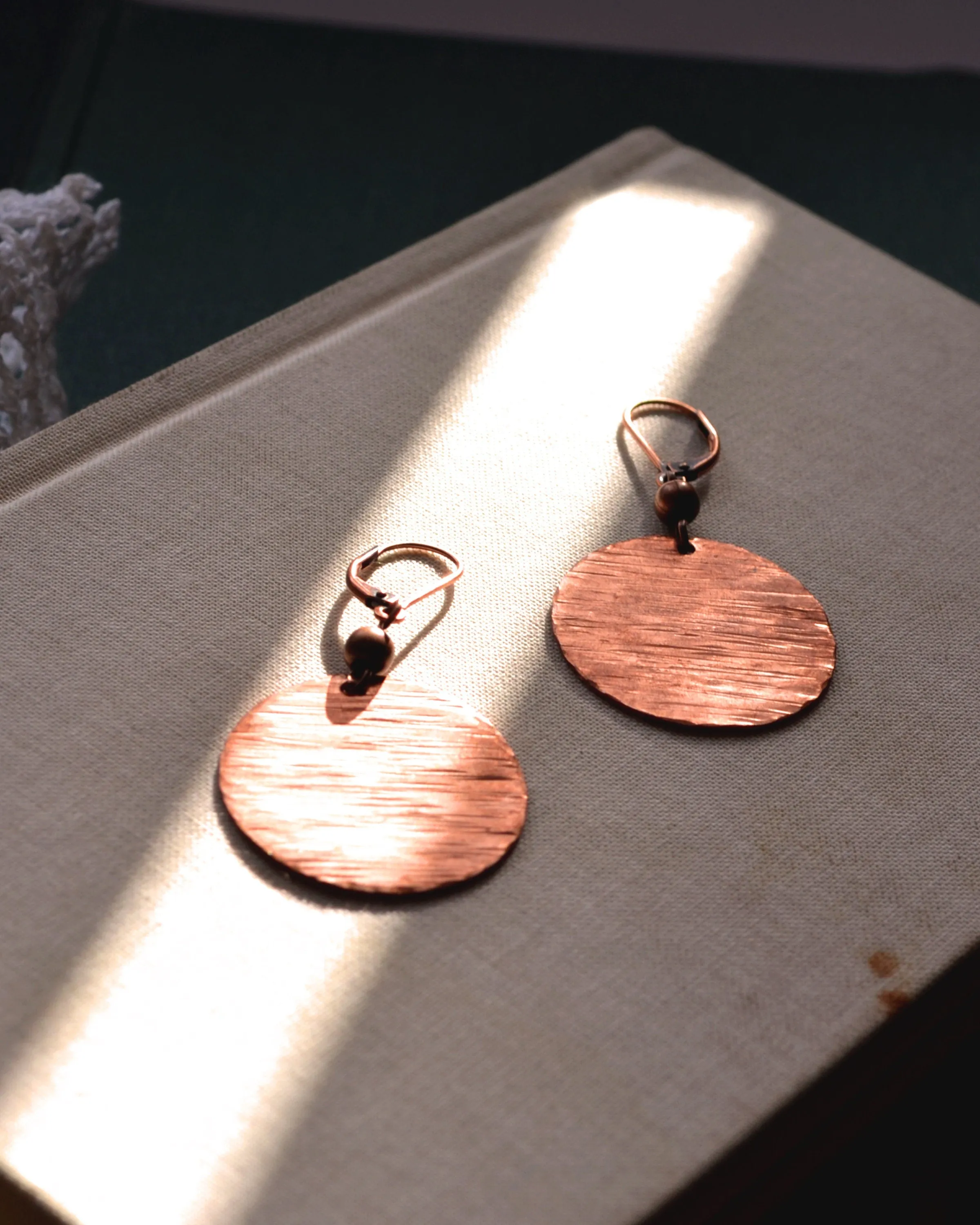 Hammered antique copper round earrings, sunset earrings, romantic  gift, copper anniversary