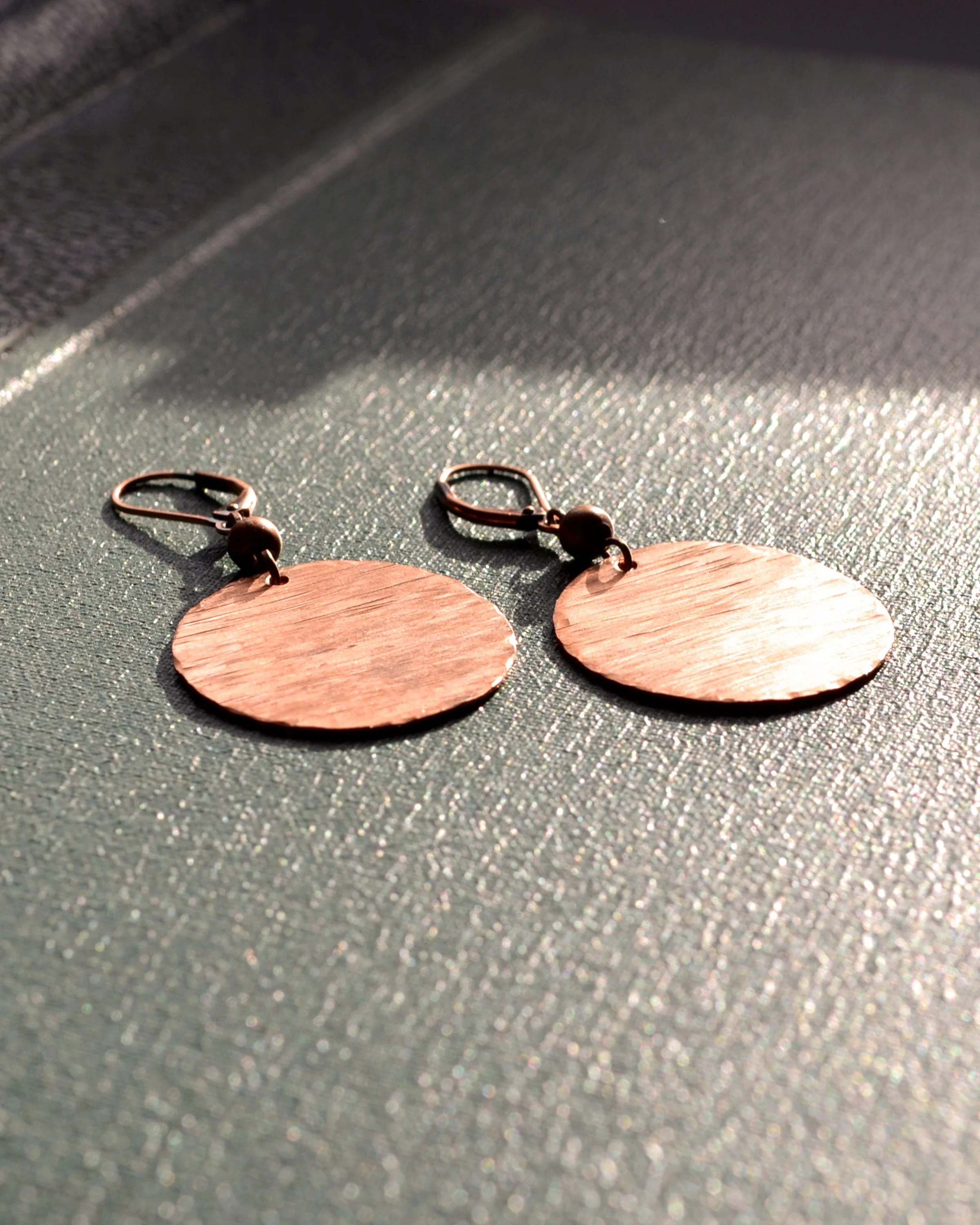 Hammered antique copper round earrings, sunset earrings, romantic  gift, copper anniversary
