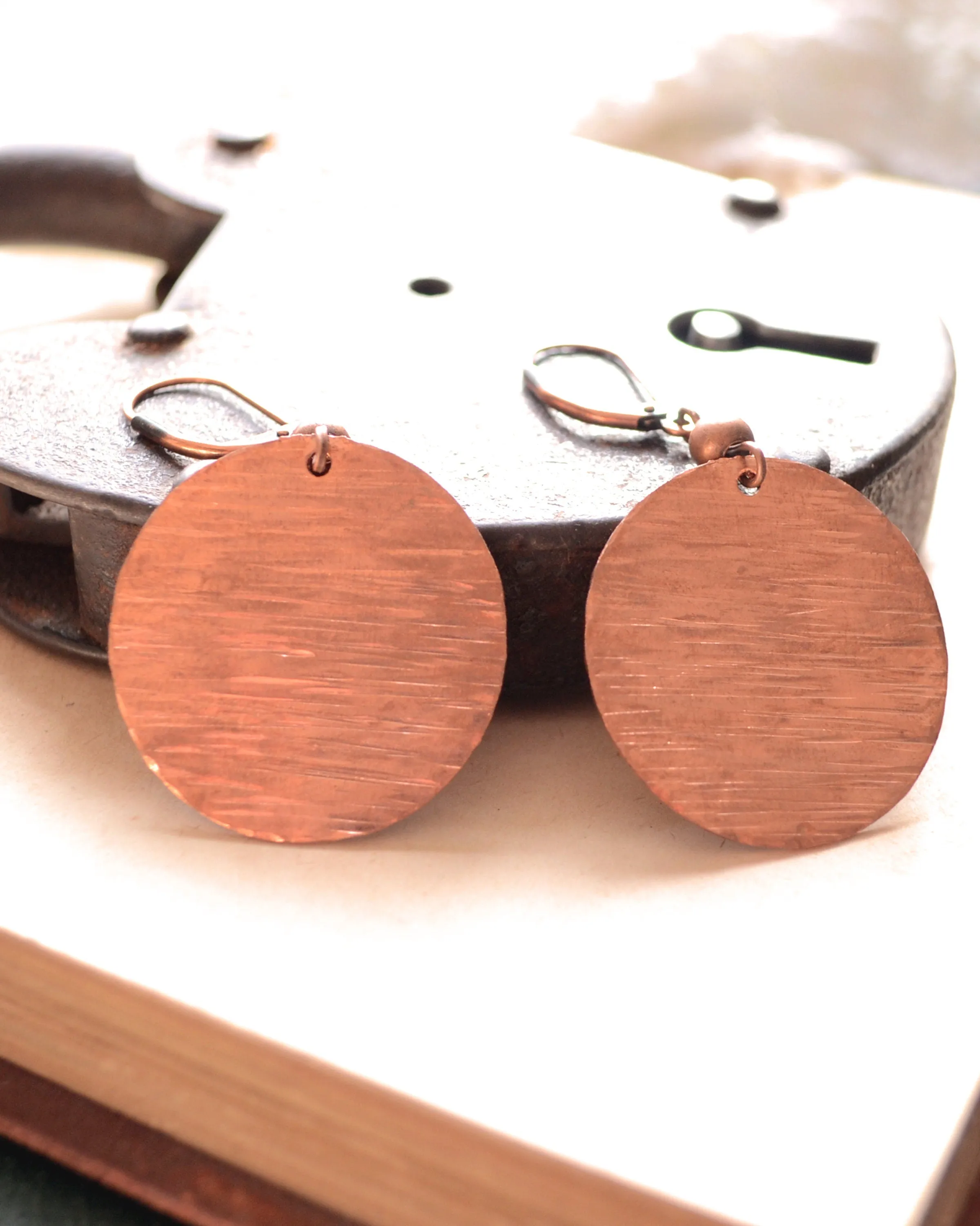 Hammered antique copper round earrings, sunset earrings, romantic  gift, copper anniversary