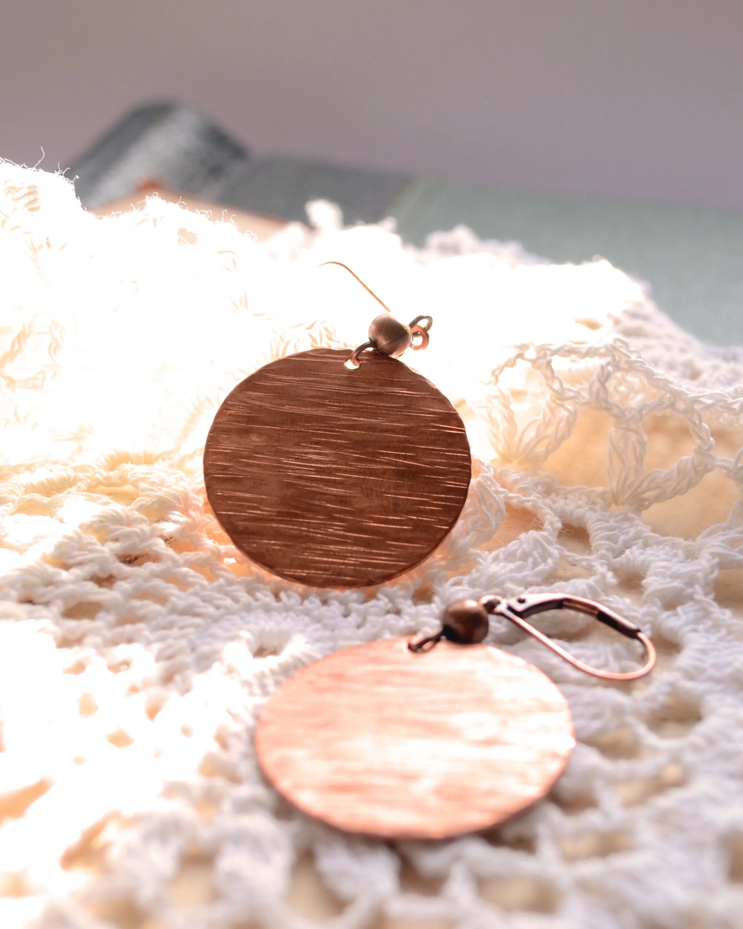 Hammered antique copper round earrings, sunset earrings, romantic  gift, copper anniversary