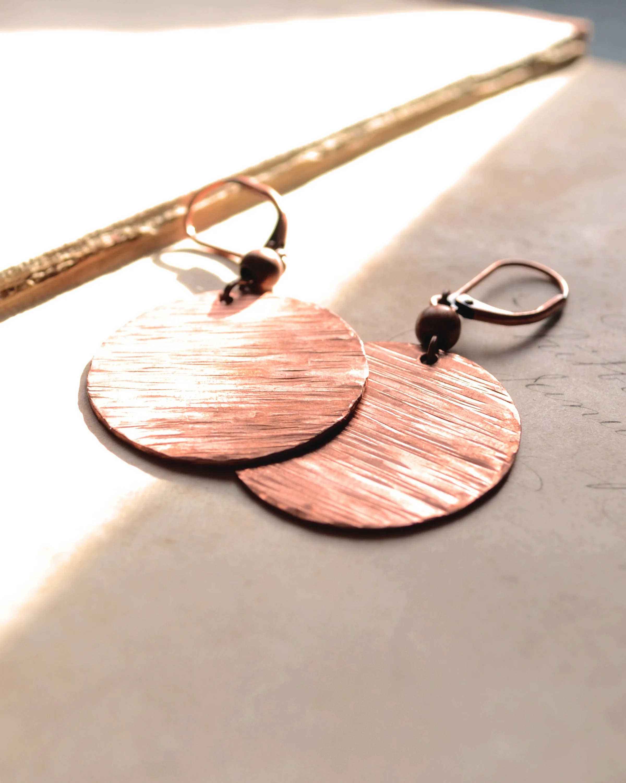 Hammered antique copper round earrings, sunset earrings, romantic  gift, copper anniversary