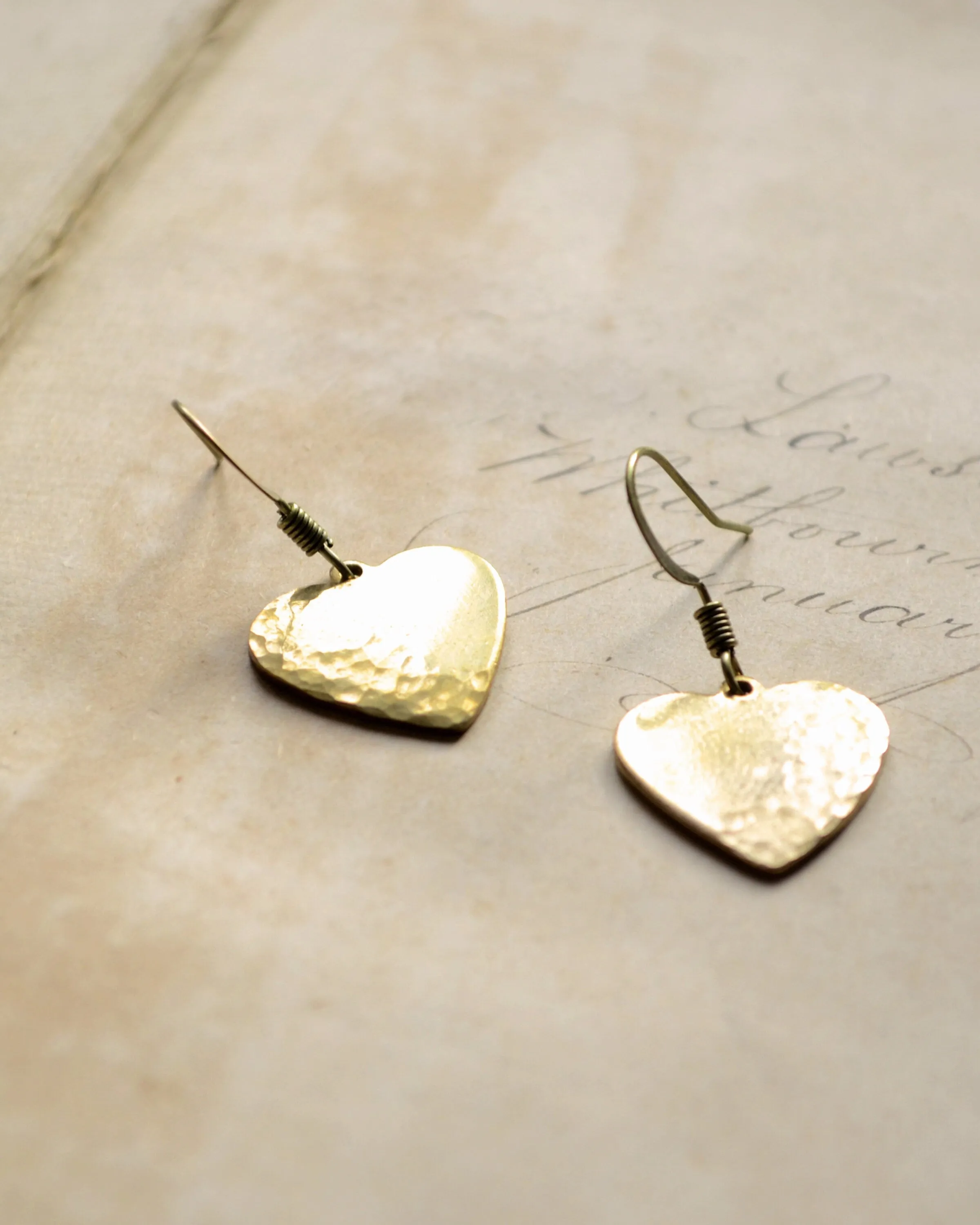 Hammered Brass Small Heart Earrings, Love Gift jewelry