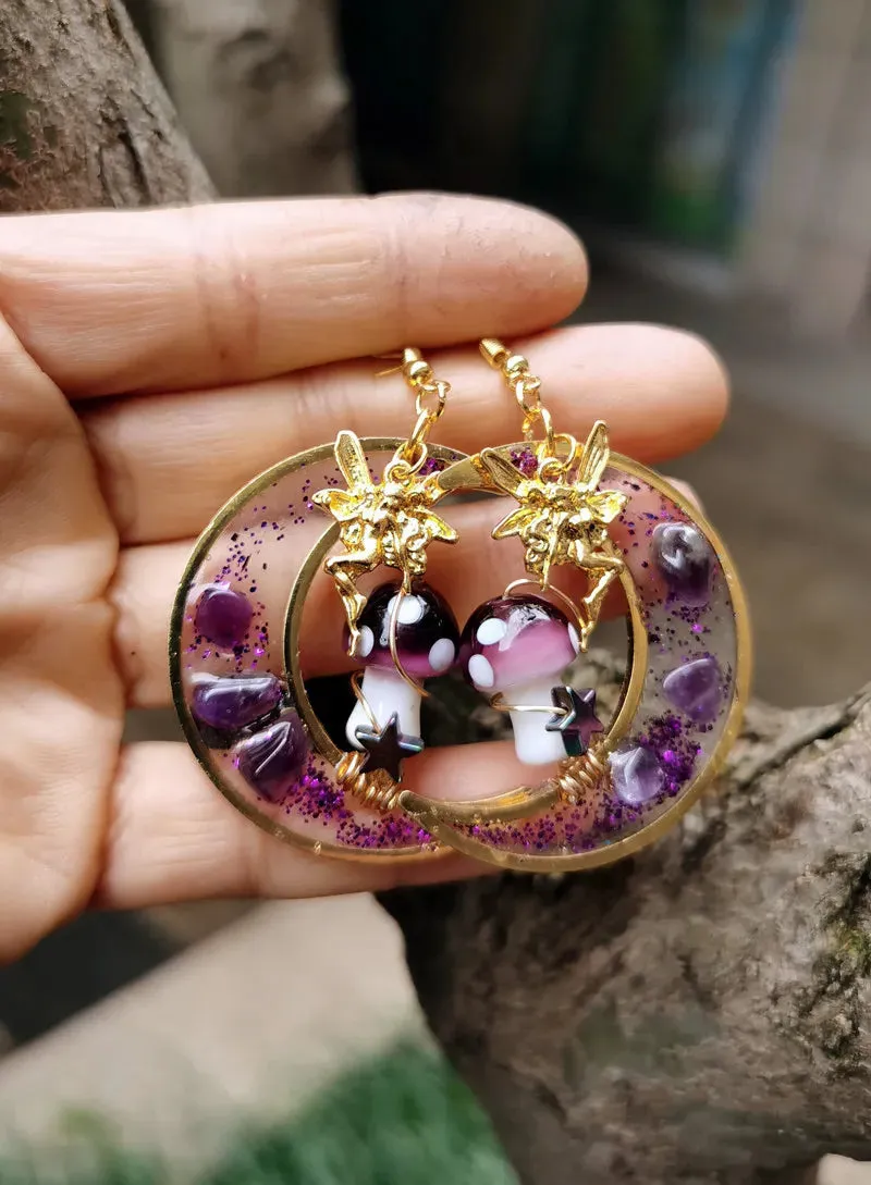 Handmade Purple Mushroom on Amythest Moon Drop Shrooms // Mushroom Earrings