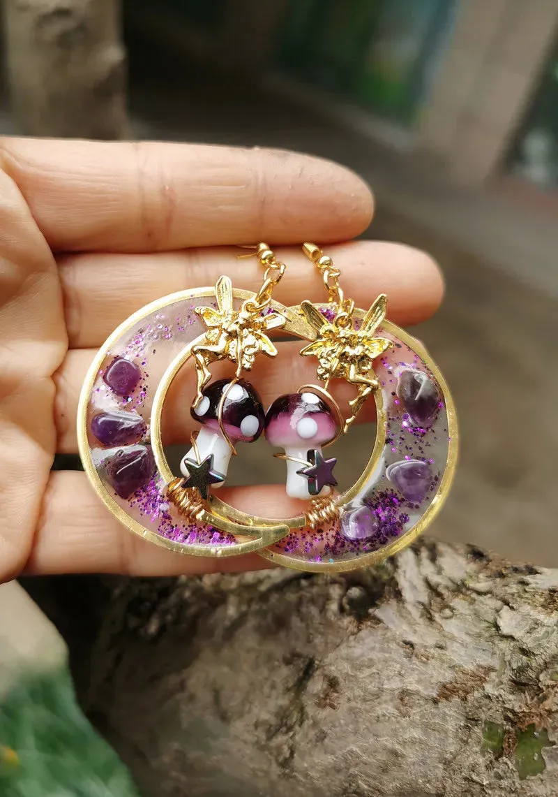 Handmade Purple Mushroom on Amythest Moon Drop Shrooms // Mushroom Earrings