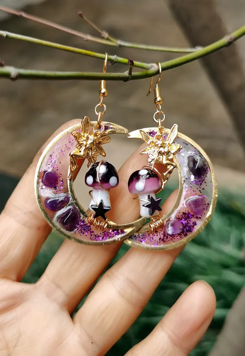 Handmade Purple Mushroom on Amythest Moon Drop Shrooms // Mushroom Earrings
