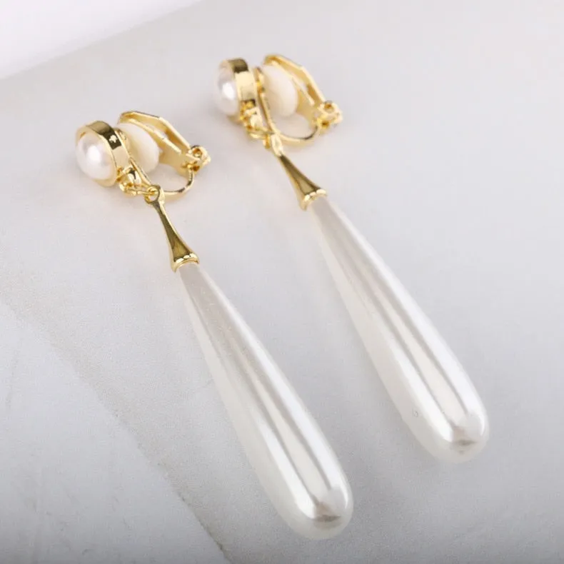 long simulated pearl Waterdrop Clip on Earrings
