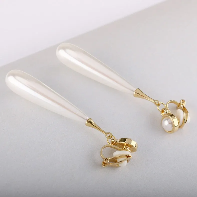 long simulated pearl Waterdrop Clip on Earrings