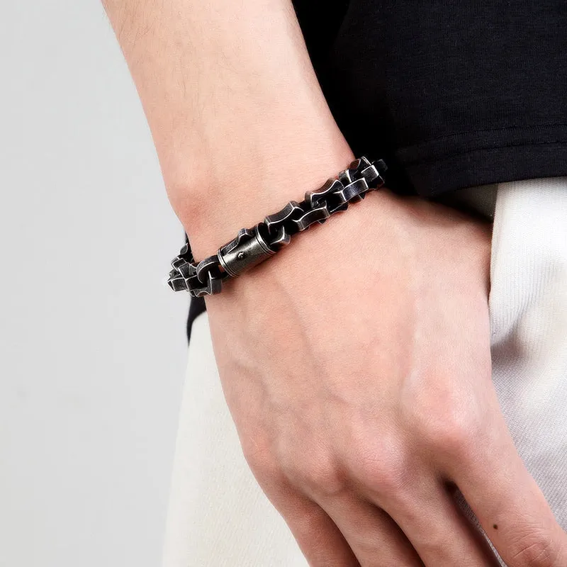 Men Punk Link Chain Bracelet Matte Vintage Black Stainless Steel Motorcycle Hand Bike Jewelry Accessories