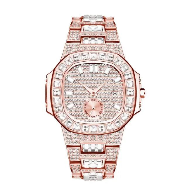 MISSFOX Luxury Men Watch Gold 18K Model Fully Paved Baguette Diamond Mens Watches Waterproof Calendar Male Clock Hours