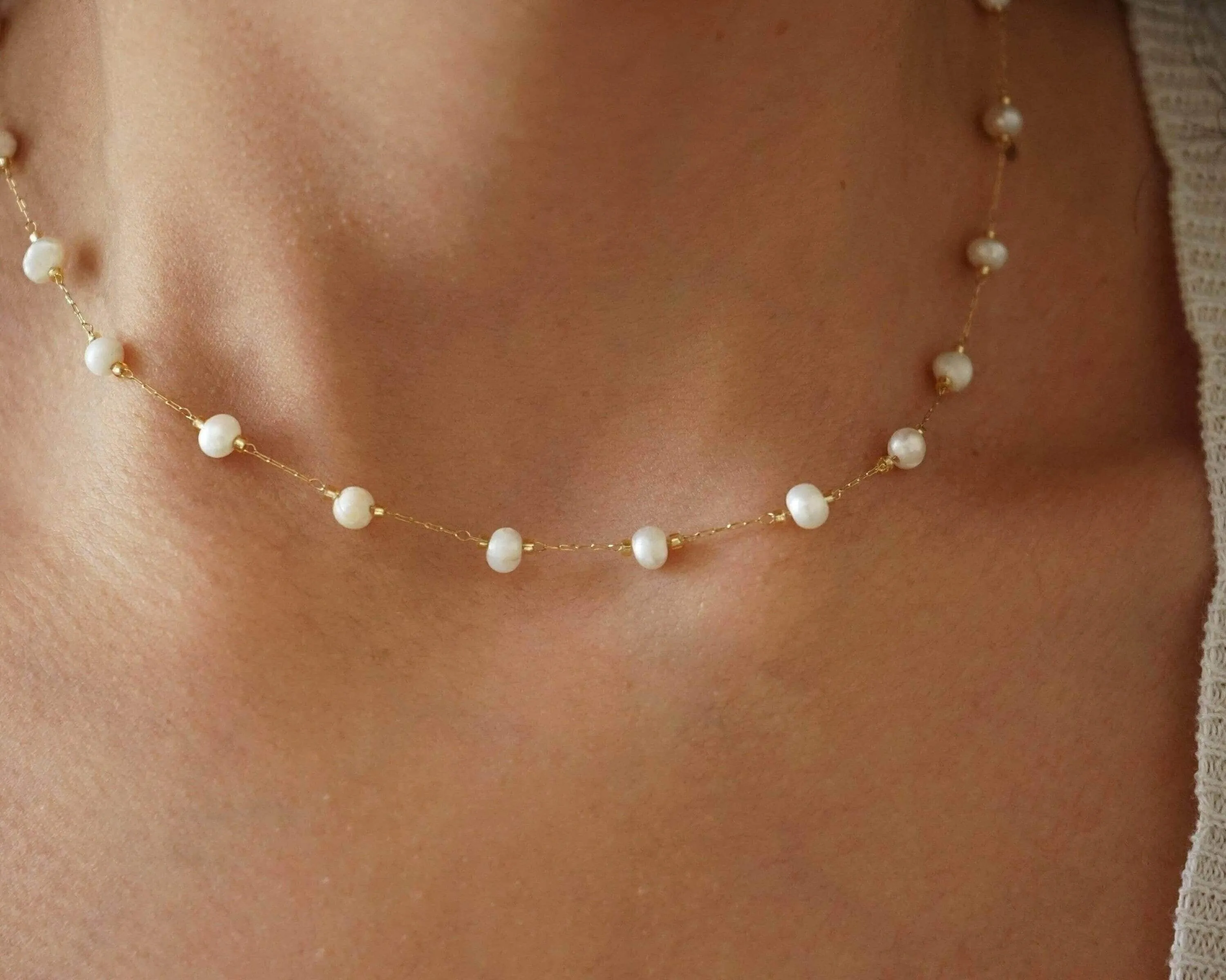 Natural White Pearl Gold Stainless Steel Rosary Necklace