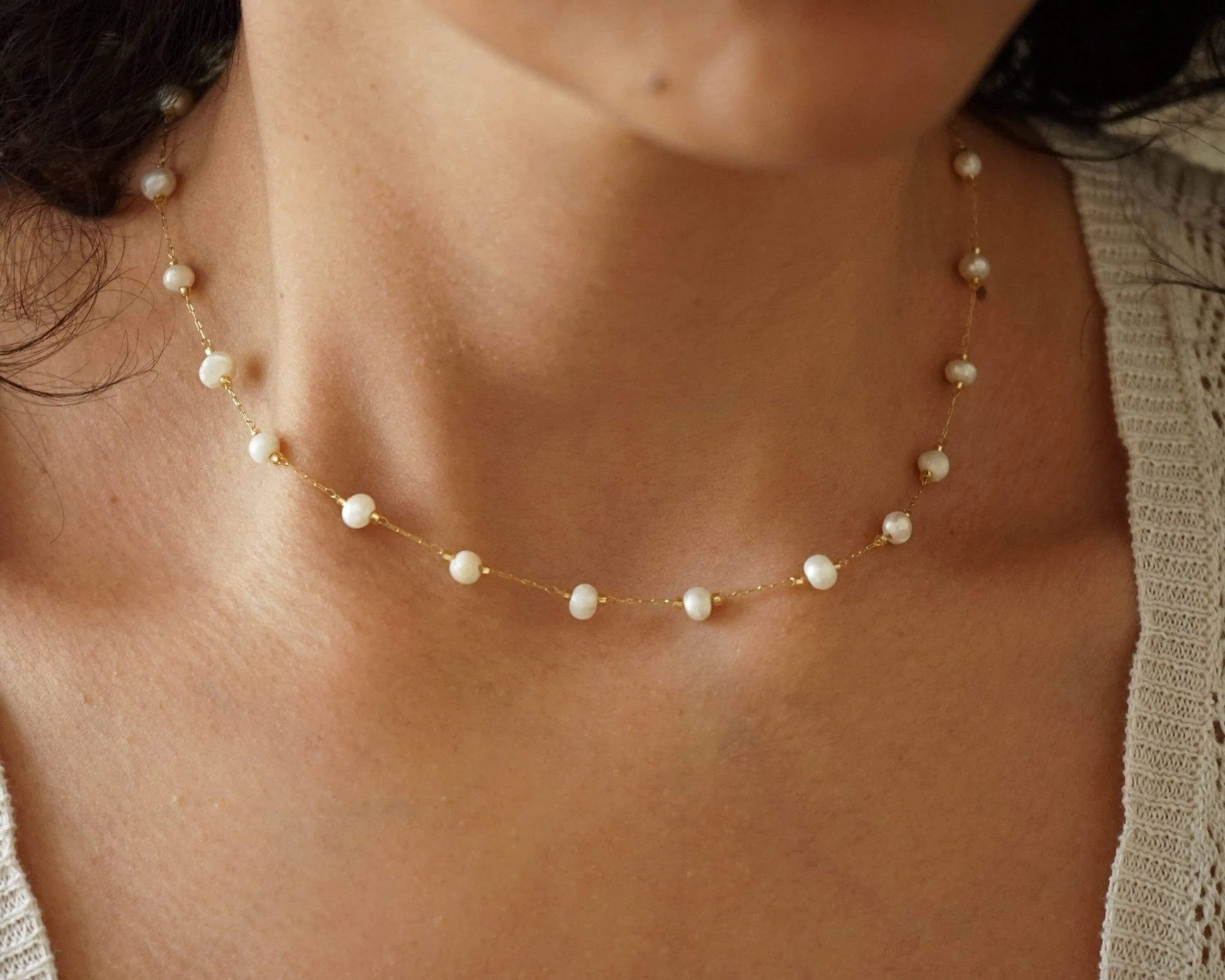 Natural White Pearl Gold Stainless Steel Rosary Necklace
