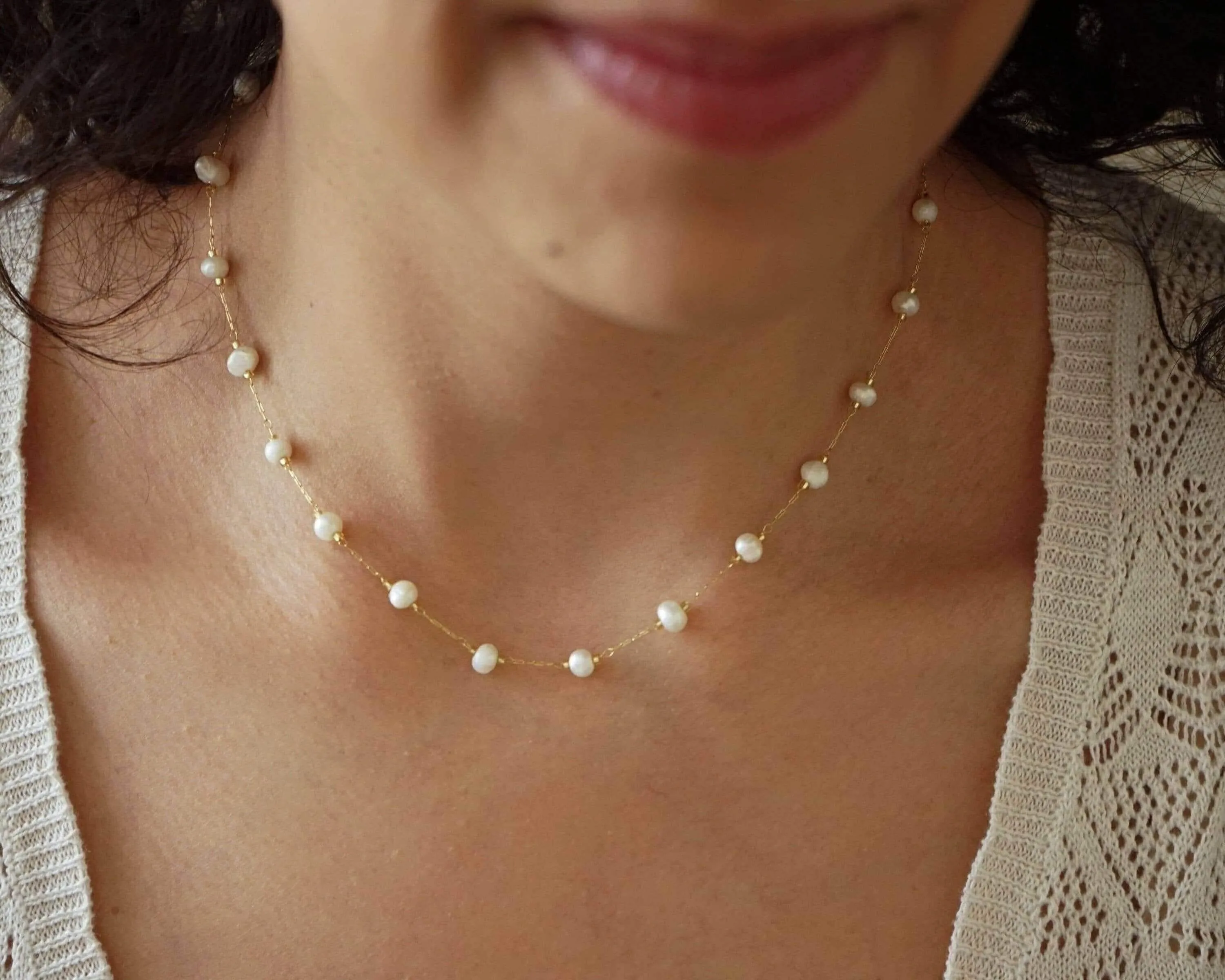 Natural White Pearl Gold Stainless Steel Rosary Necklace