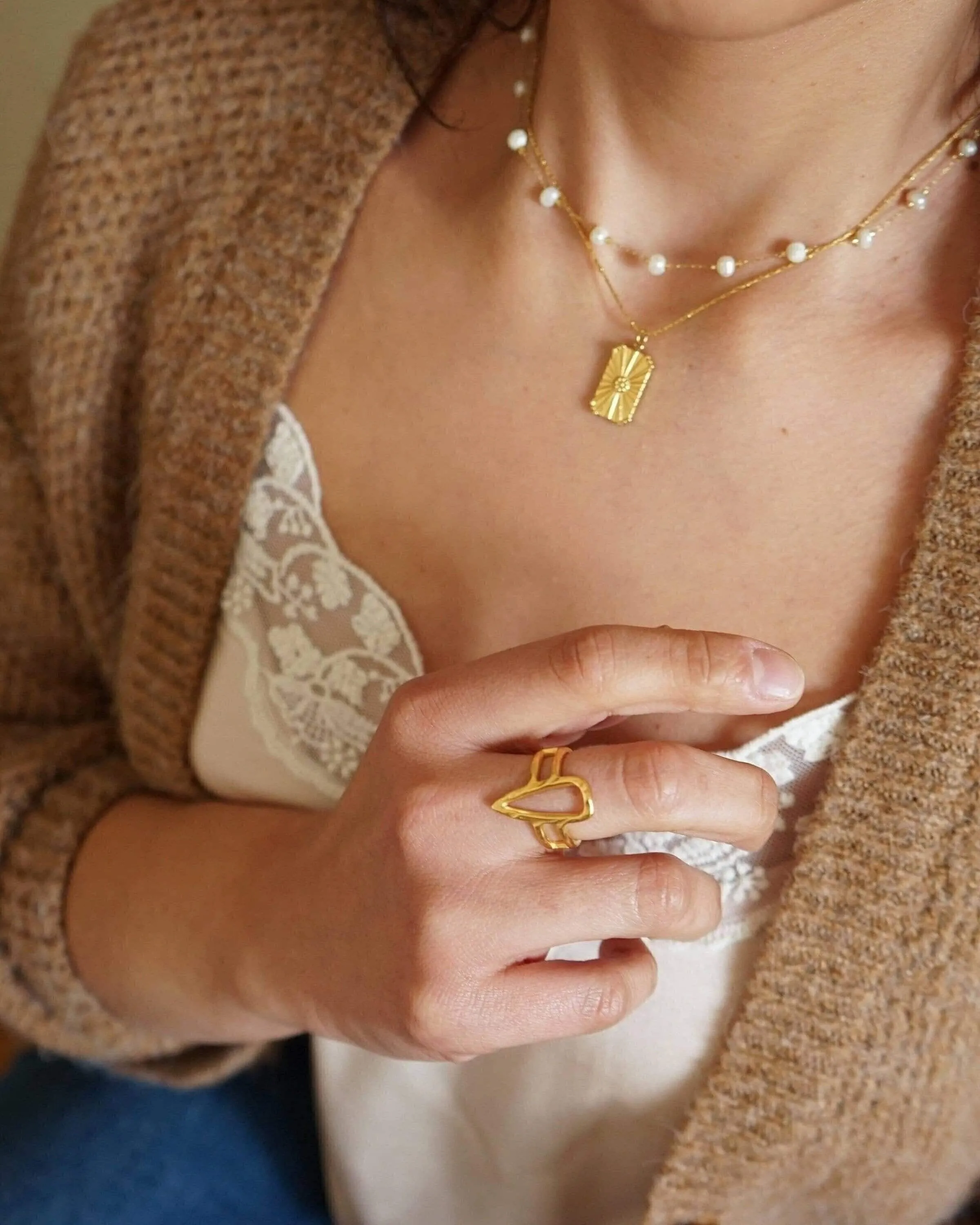 Natural White Pearl Gold Stainless Steel Rosary Necklace