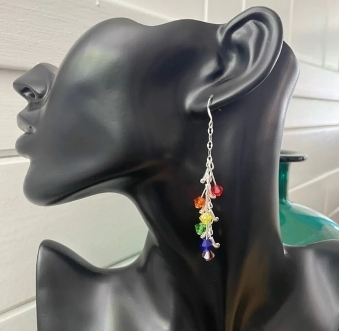 Rainbow Swarovski Crystal & Mini Curved Bar Dangle Earrings 3" Long Sparkle Pride LGBT Ally Colorful Glam