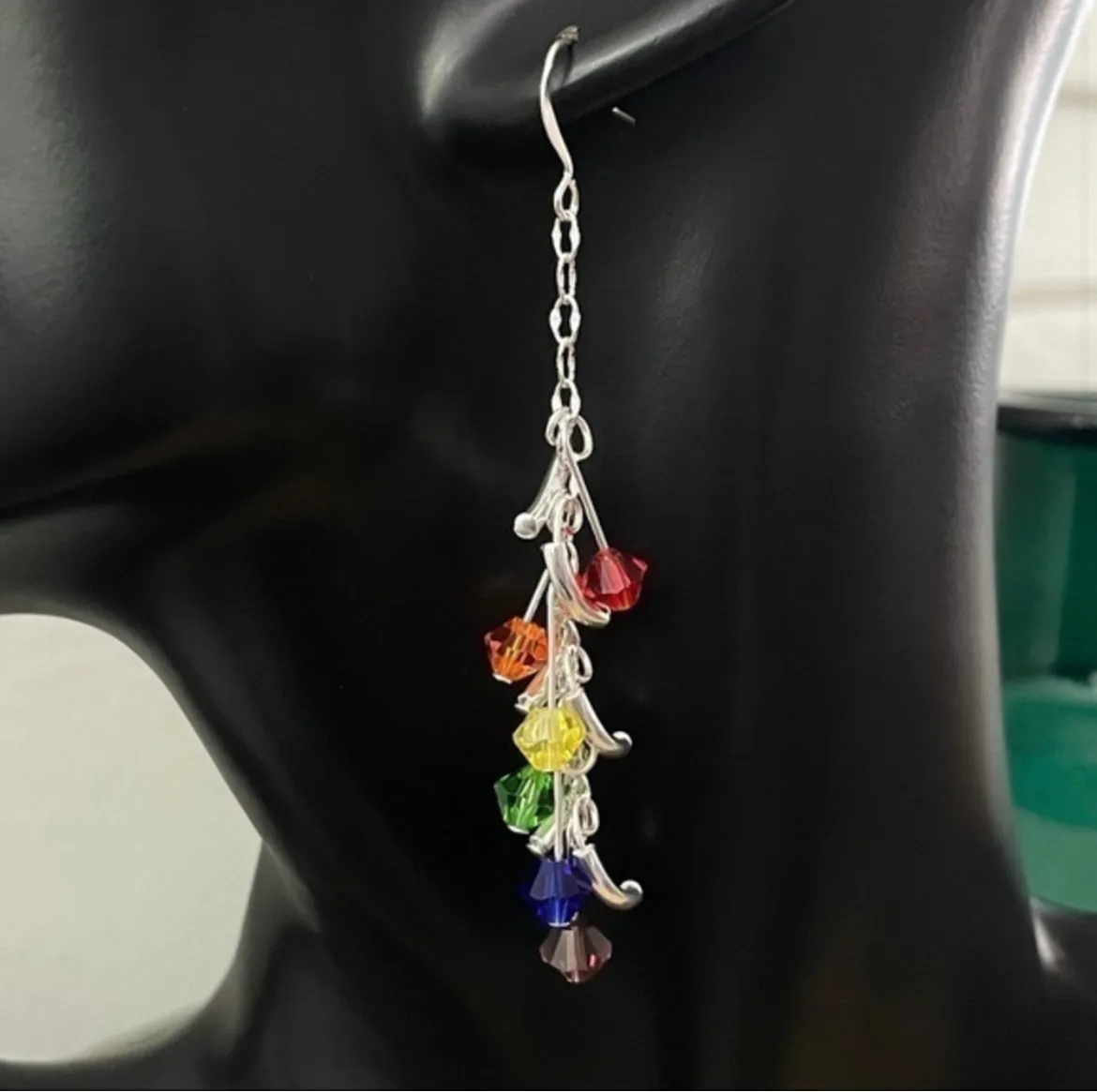 Rainbow Swarovski Crystal & Mini Curved Bar Dangle Earrings 3" Long Sparkle Pride LGBT Ally Colorful Glam