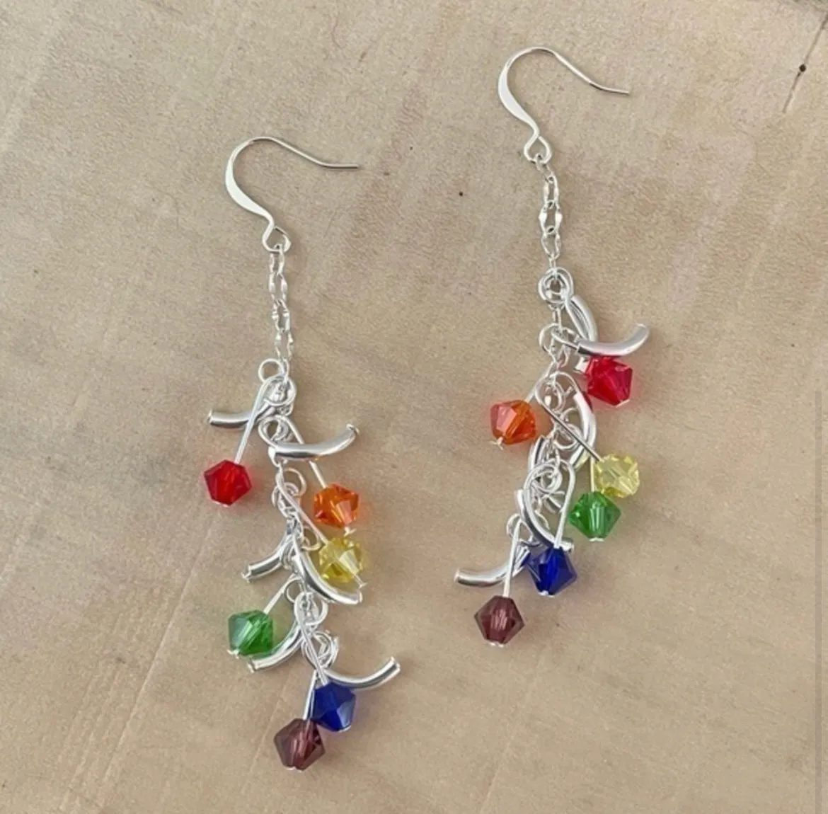 Rainbow Swarovski Crystal & Mini Curved Bar Dangle Earrings 3" Long Sparkle Pride LGBT Ally Colorful Glam