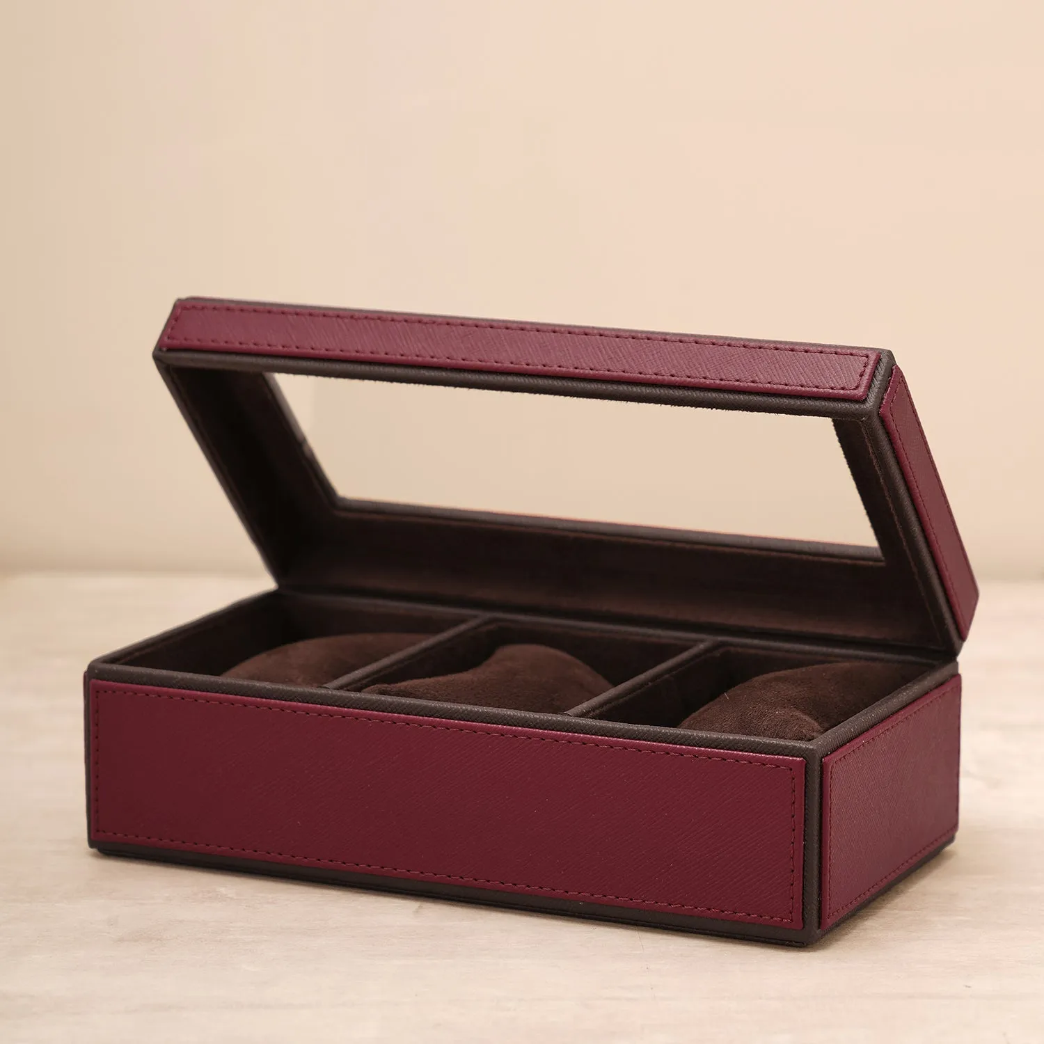 Red 3 Compartment Faux Leather Watch Box