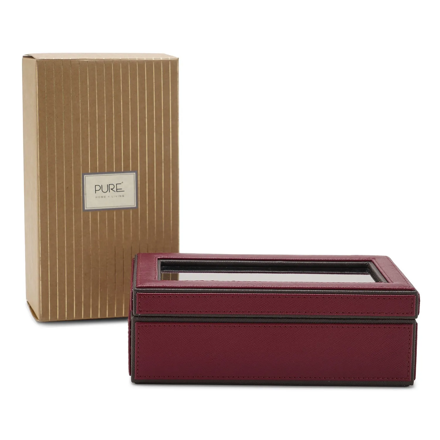 Red 3 Compartment Faux Leather Watch Box
