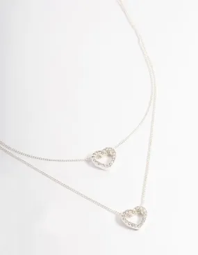 Silver Double Diamante Open Heart Necklace