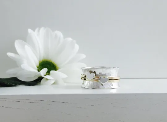 The Love Spinner Ring, handmade worry ring 9ct solid gold & sterling Silver